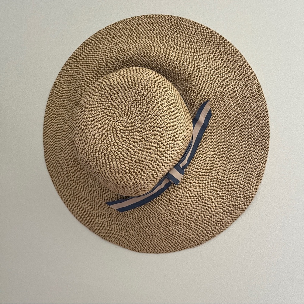 Eric Javits Bella Straw Sun Hat Blue and White Ribbon 5” Brim